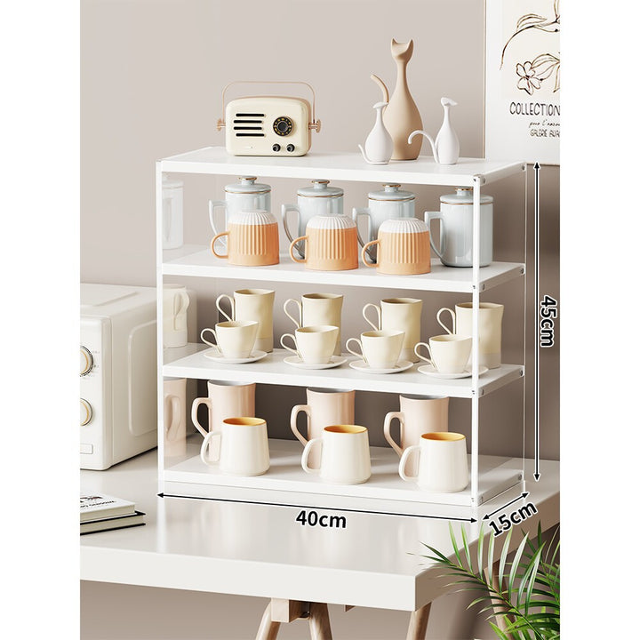 Multi-Level Bamboo-Style Countertop Kitchen Mug and Canister Organizer Shelf with Open Wood Shelves and Slim Metal Frame