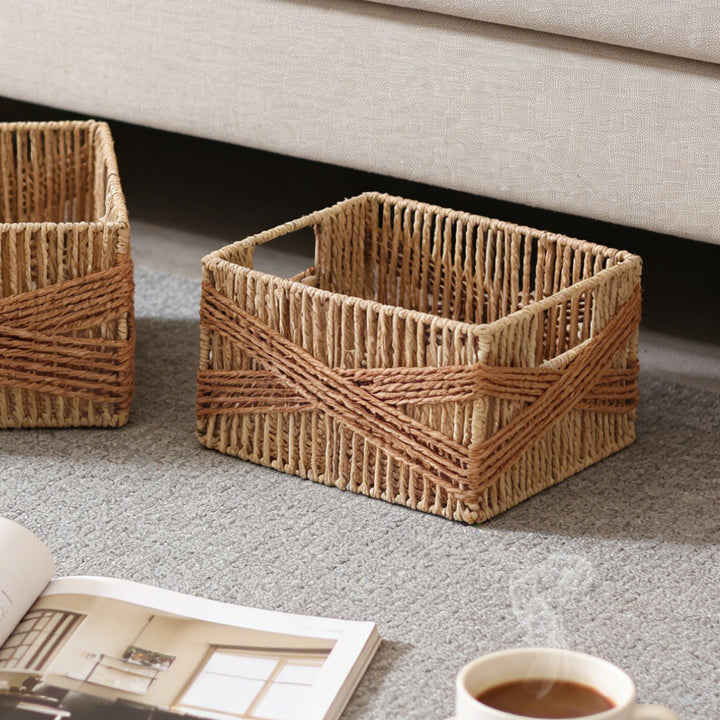 Handcrafted storage basket with decorative weave