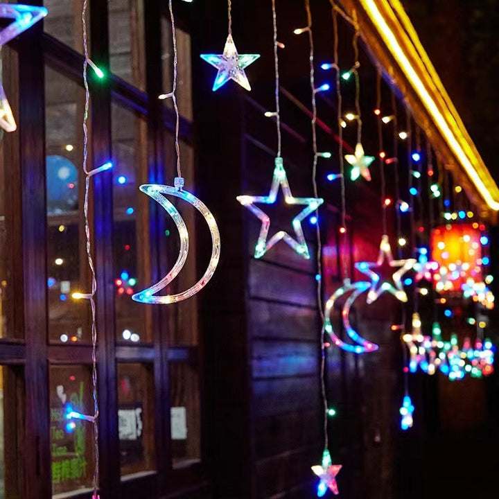 Festive LED Curtain String Lights with Hanging Star-Bell Tree and Reindeer Ornaments