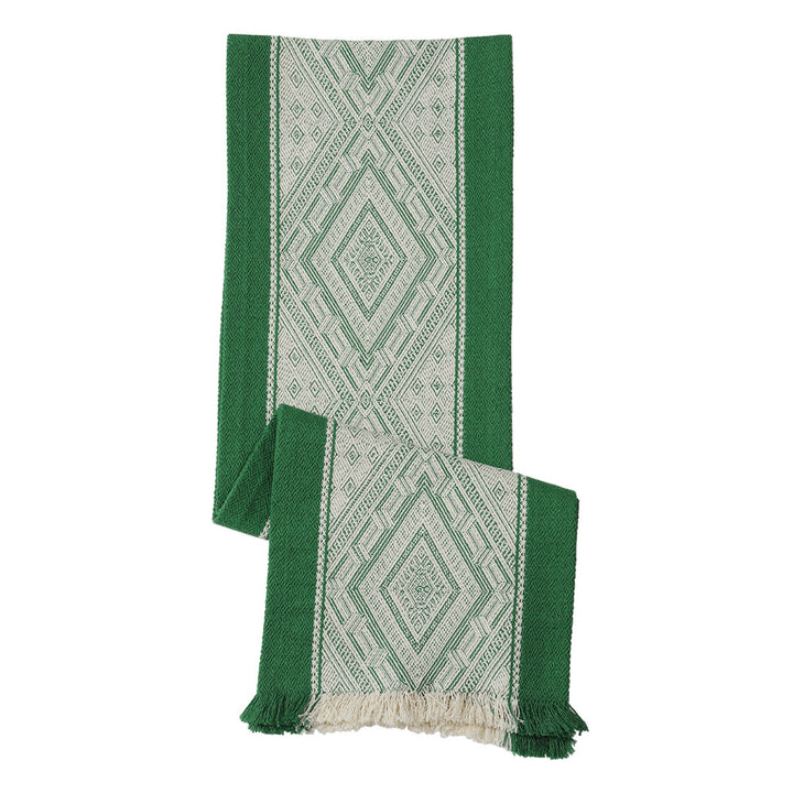Handwoven table and console runner made of cotton blend fabric with geometric diamond pattern and fringes