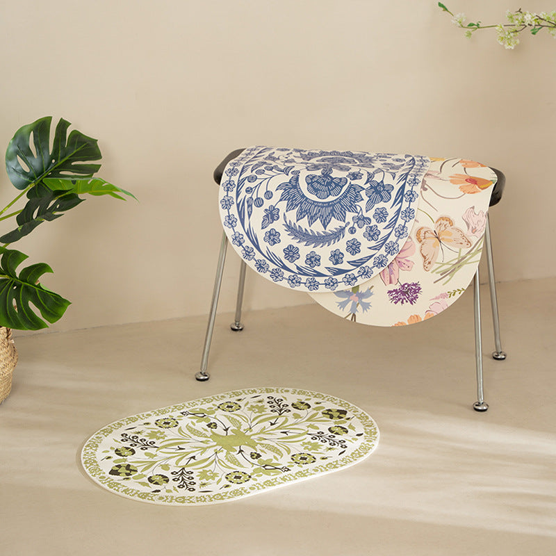 Oval wipeable table set made of vinyl with floral retro pattern and non-slip back