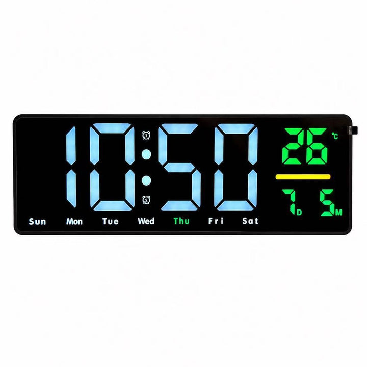Digital wall clock with temperature and calendar display