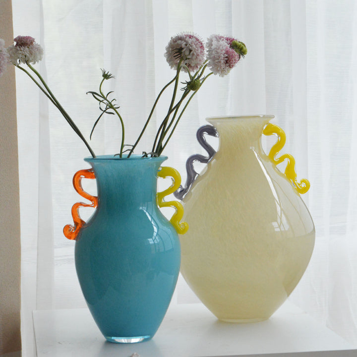 Hand-Blown Sculptural Double-Handled Glass Decorative Vase