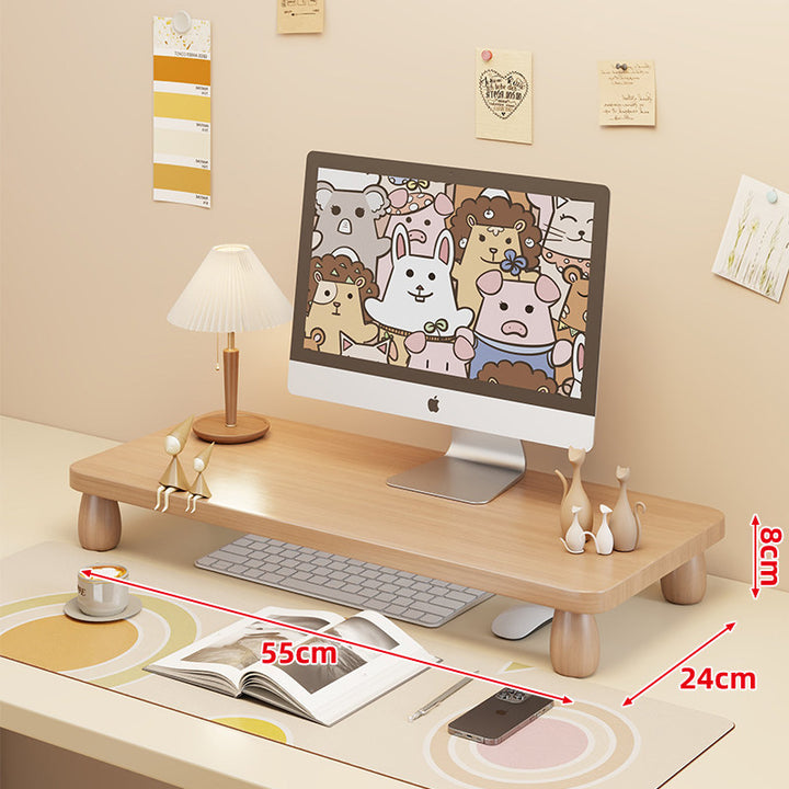 Low-Profile Ergonomic Wooden Desktop Monitor Lift with Under-Shelf Keyboard Storage