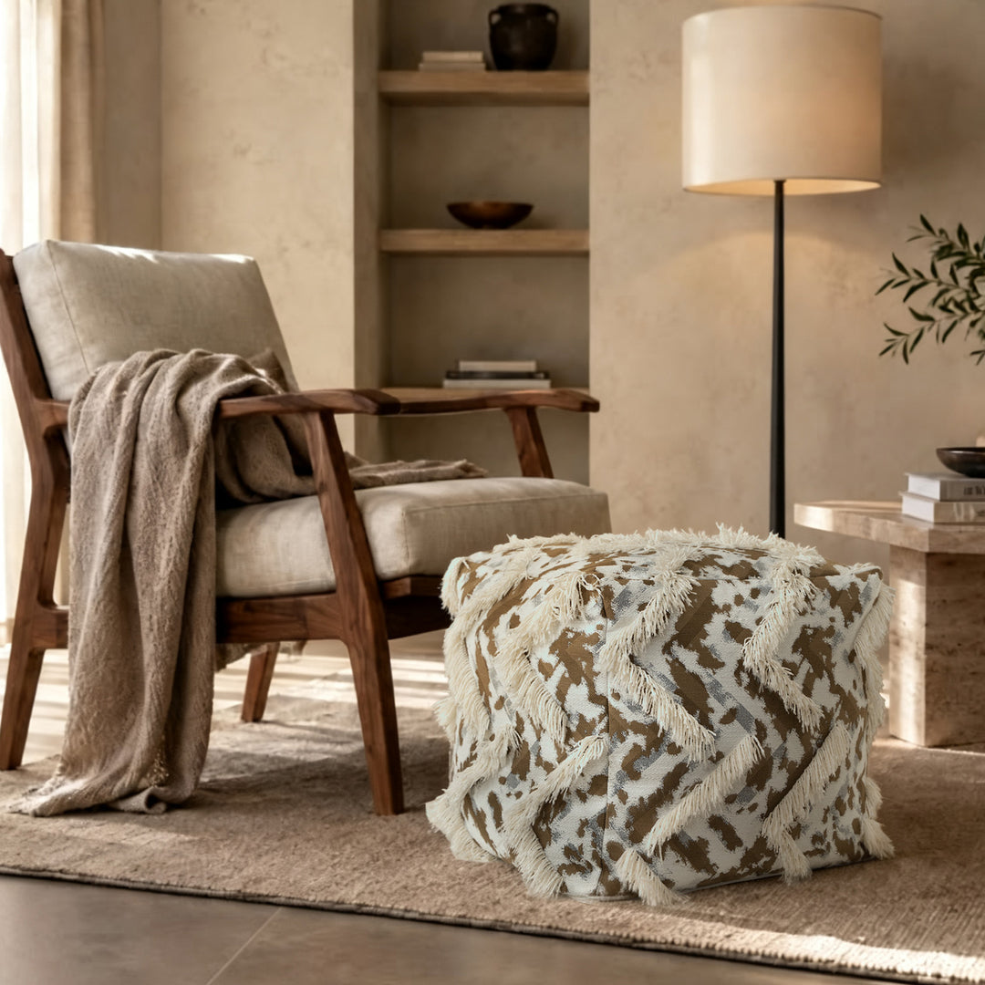 Padded Boho seat pouf with fringes and woven patchwork cover