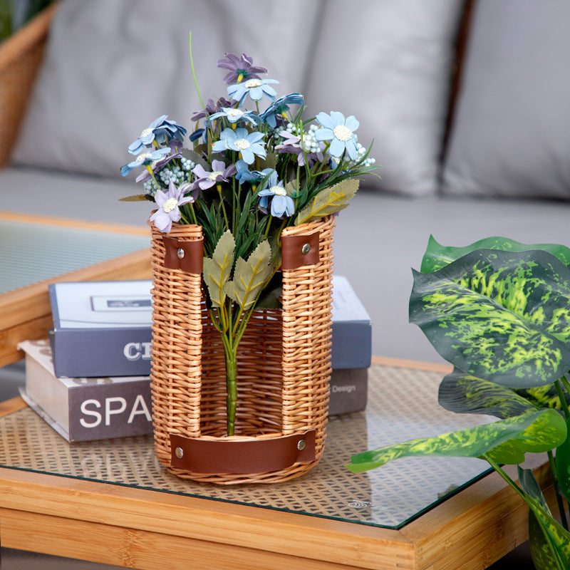 Handcrafted storage basket with leather handles