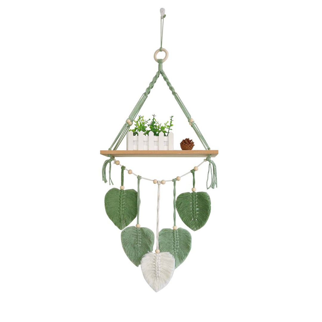 Macramé plant shelf with artistic leaf design