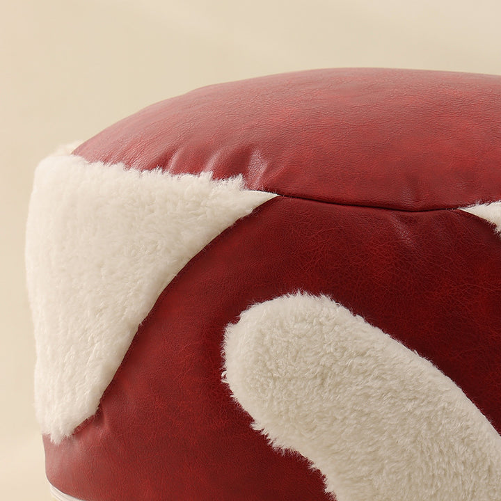 Round padded seat pouf as a floor stool with vintage leather look and teddy fleece inserts