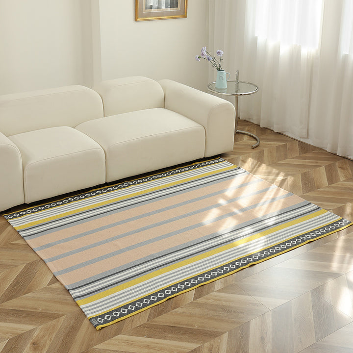 Flat-woven striped living room rug with low pile and non-slip backing