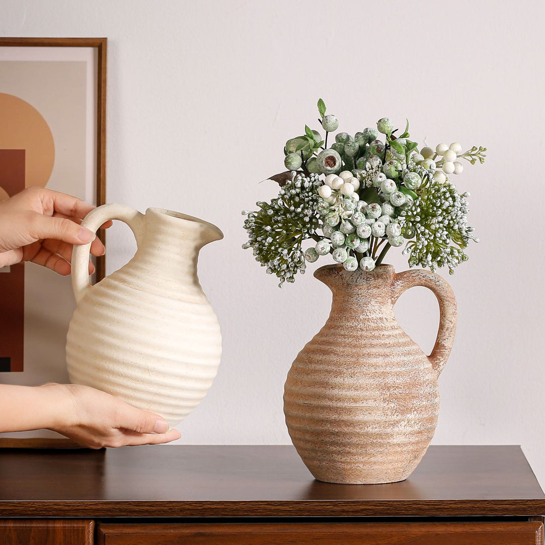 Handcrafted ceramic vase with ribbed structure