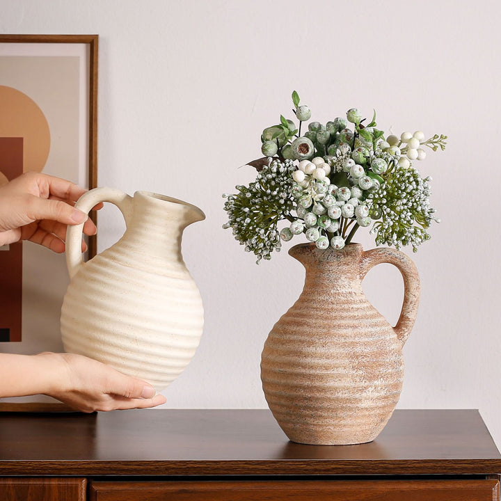 Handcrafted ceramic vase with ribbed structure