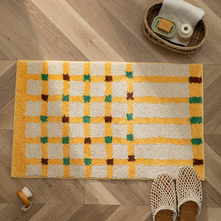 High-pile bath mat with geometric check tufting