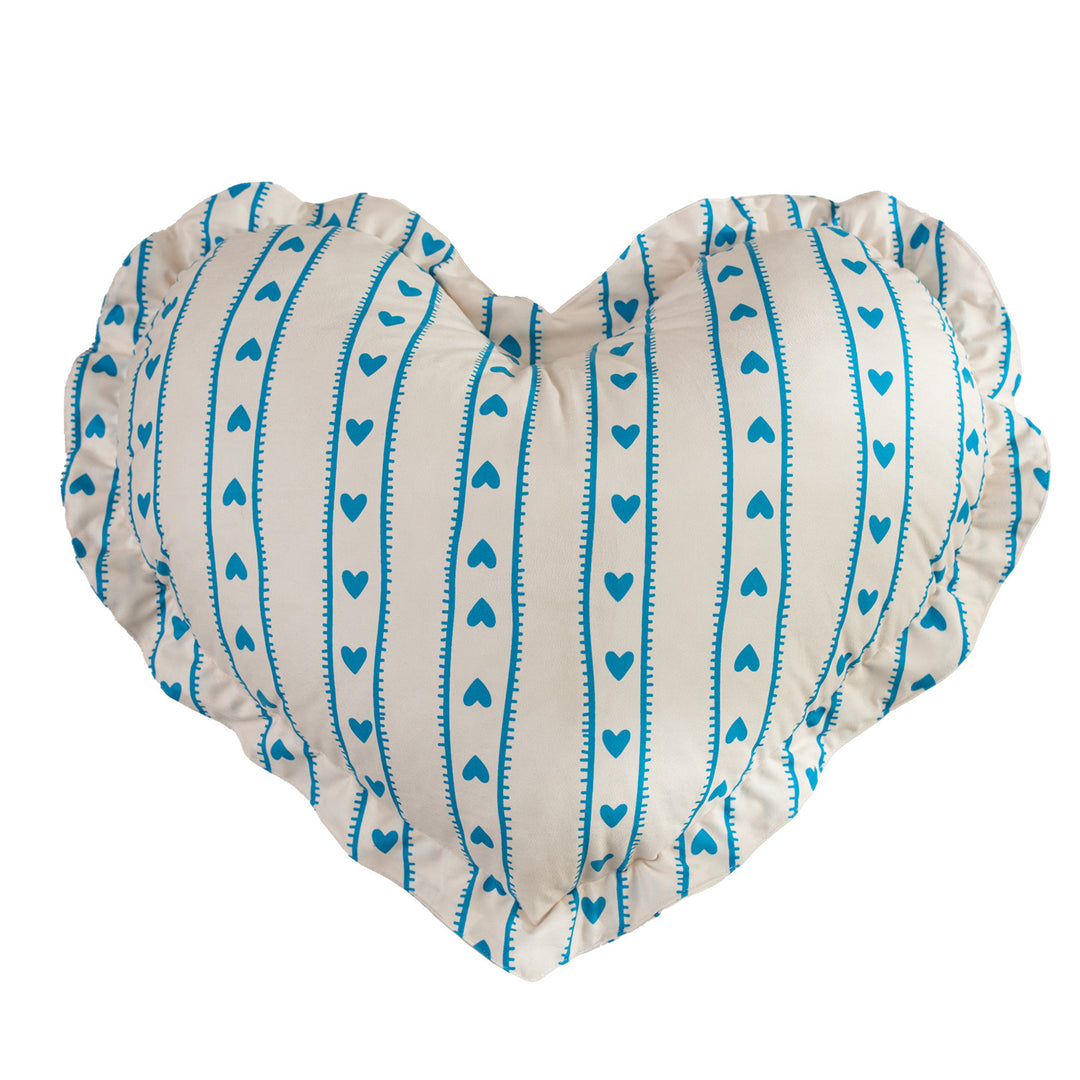 Heart-shaped decorative pillow with ruffled edge and heart pattern