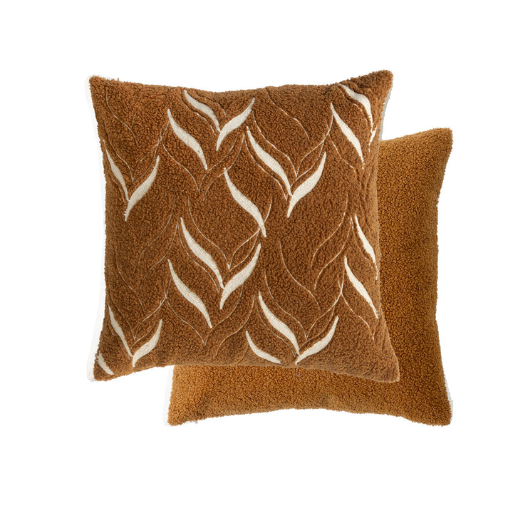 Bouclé pillow with hand-stitched ethnic design and removable cover