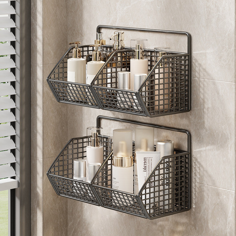 Wall-Mounted Dual-Tier Grid Mesh Bathroom Shower Caddy with Drainable Baskets