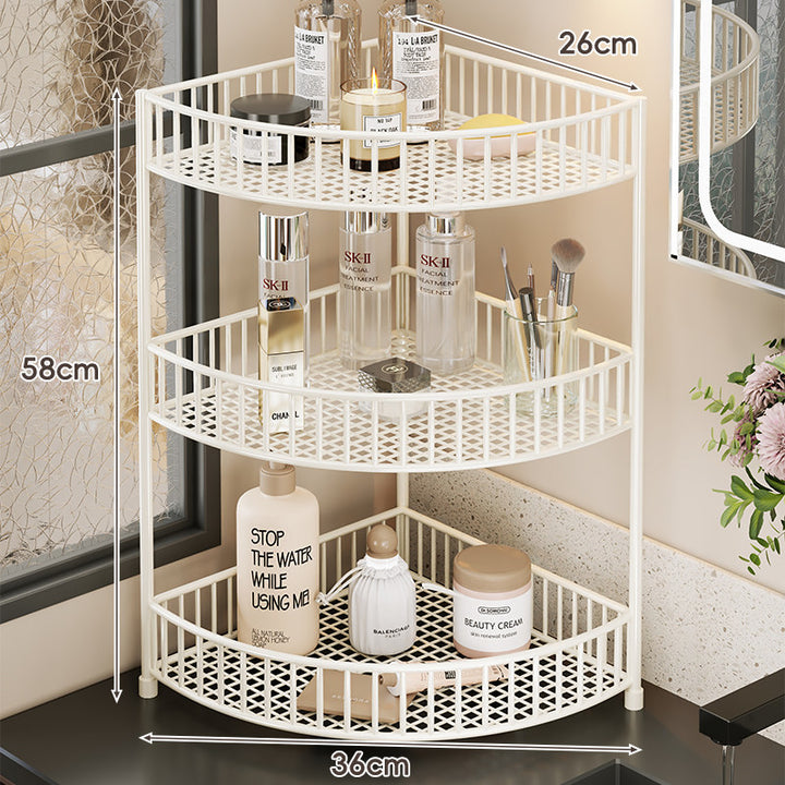 Two-Tier Corner Mesh Metal Bathroom Countertop Organizer Shelf with Raised Guard Rails