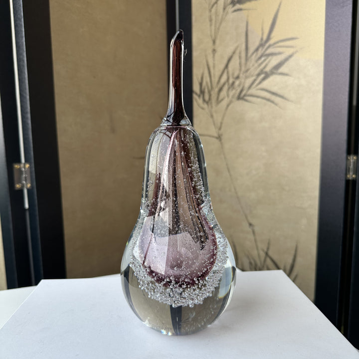 Handblown Art Glass Pear Paperweight with Encased Air Bubbles