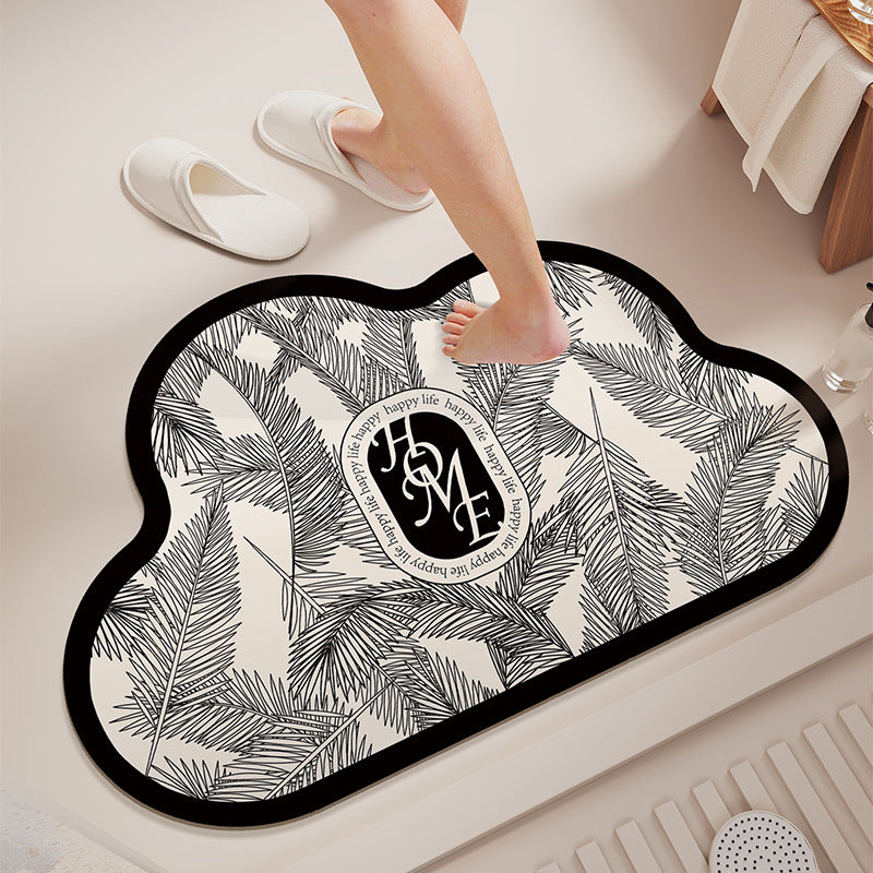Cloud-Shaped Absorbent Microfiber Bath Mat with Non-Slip Backing and Palm Leaf Print