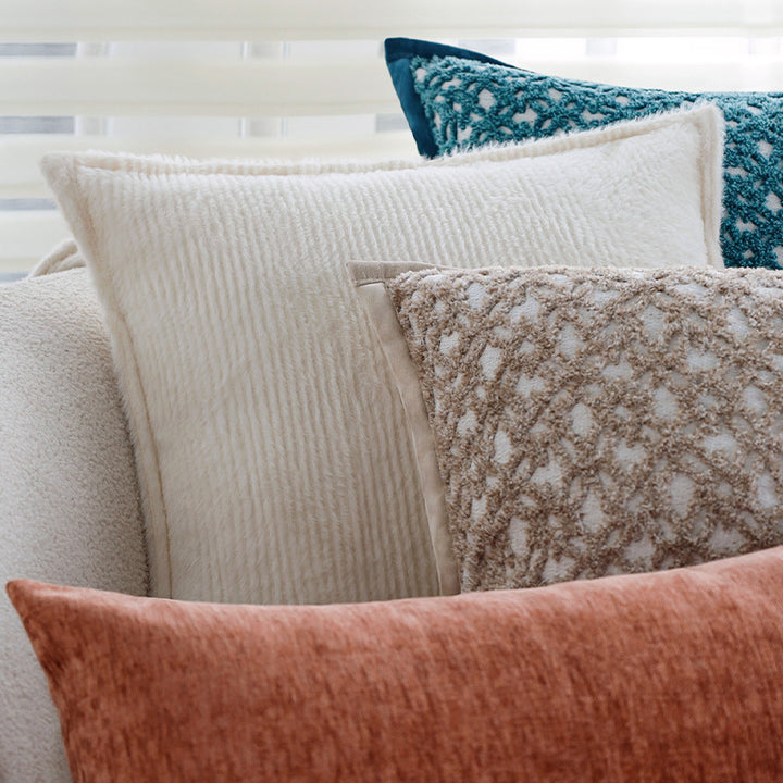 Square sofa cushion cover made of textured plush with fine piping