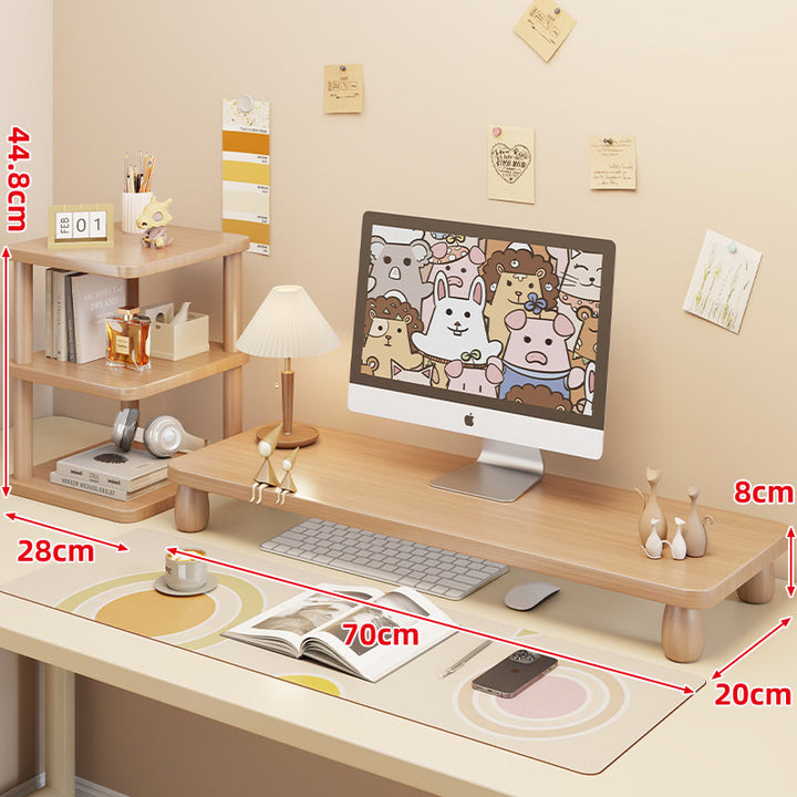 Low-Profile Ergonomic Wooden Desktop Monitor Lift with Under-Shelf Keyboard Storage