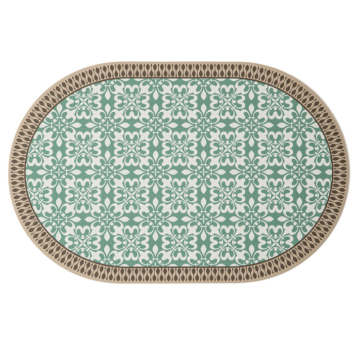 Beef woven area rug with floral ornamentation and animal motif
