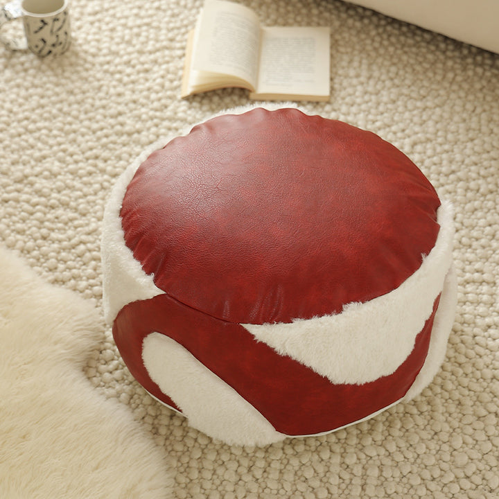 Round padded seat pouf as a floor stool with vintage leather look and teddy fleece inserts