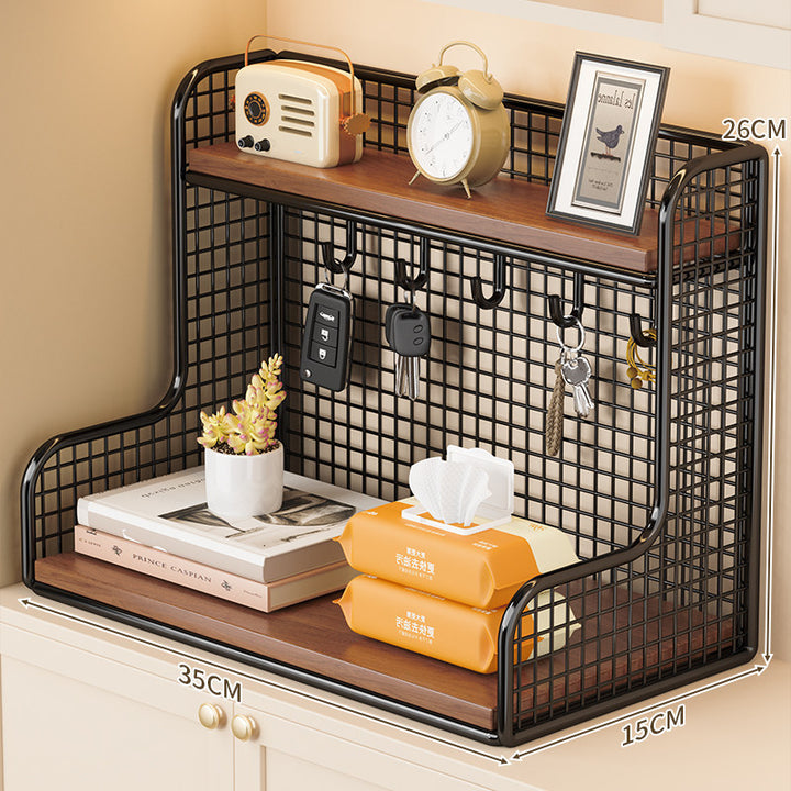 Wall-mounted double shelf organizer with hooks