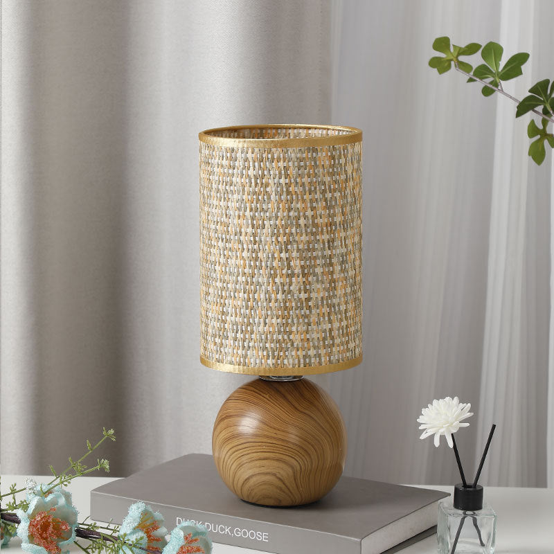 Beef Wood Base Woven Rattan Umbrella Table Lamp