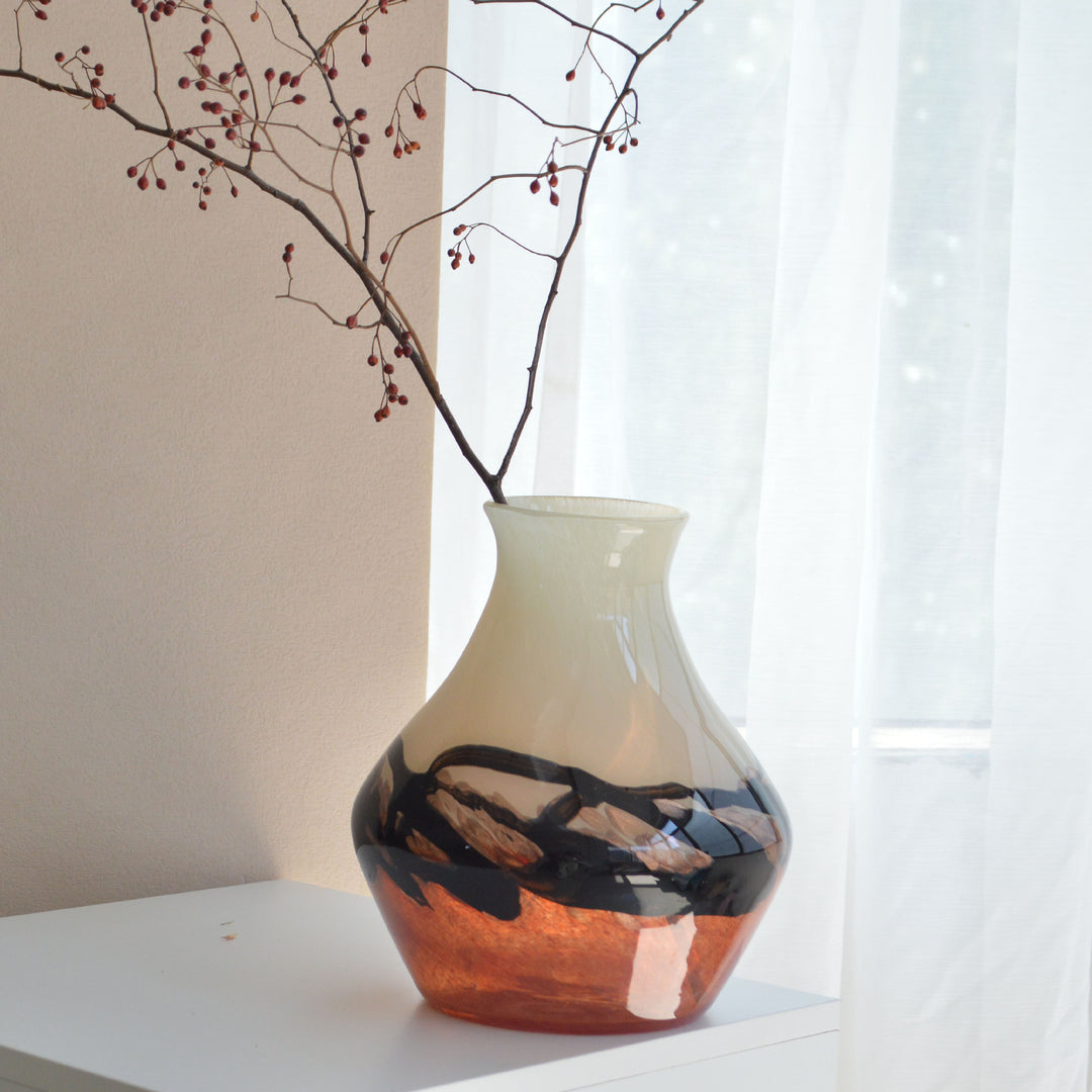 Contemporary Bulbous Mouth-Blown Glass Accent Vase with Marbled Swirl
