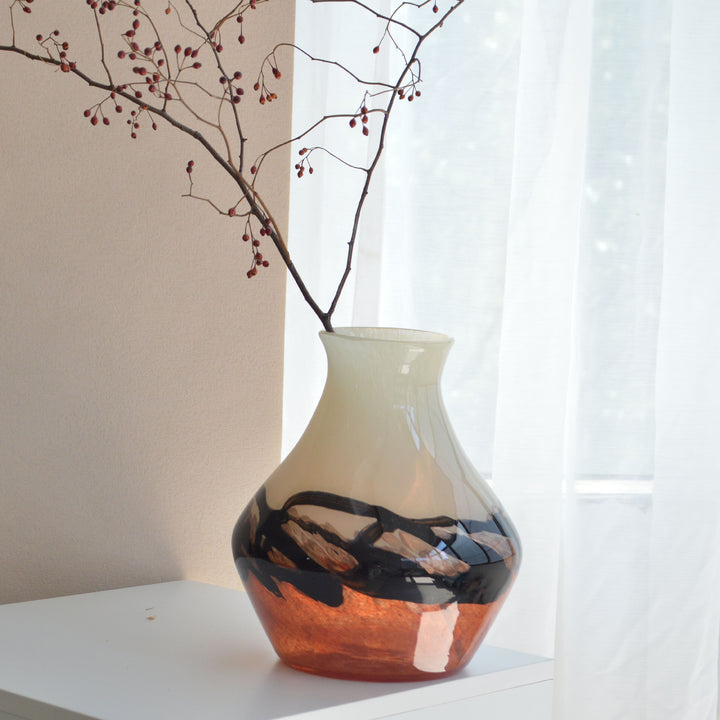 Contemporary Bulbous Mouth-Blown Glass Accent Vase with Marbled Swirl