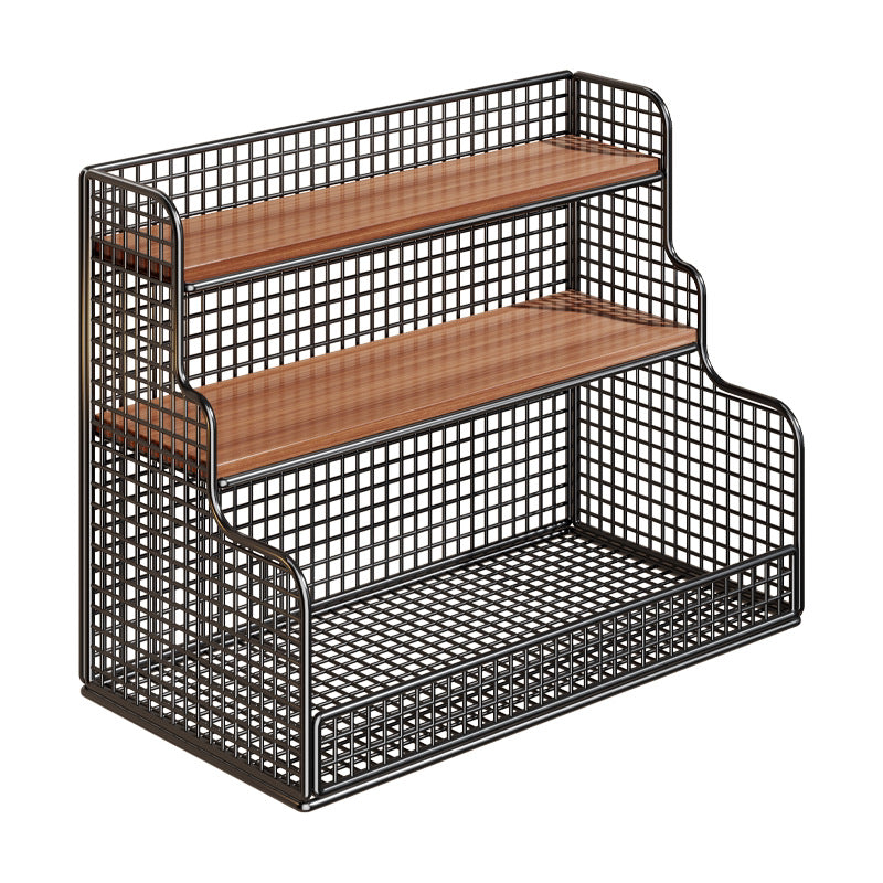 Multi-Tier Mesh Metal and Bamboo Countertop Pantry Organizer Shelf