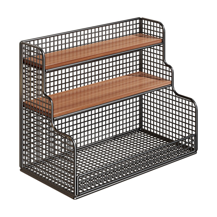 Multi-Tier Mesh Metal and Bamboo Countertop Pantry Organizer Shelf