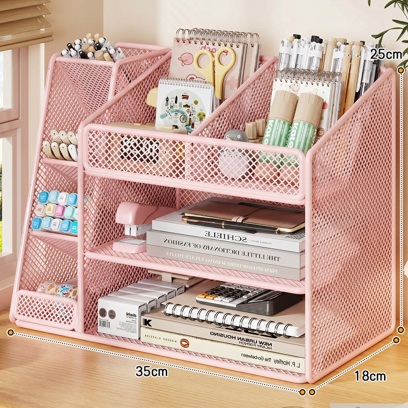 Desktop Mesh Organizer with Multi-Compartment Stationery and Document Storage