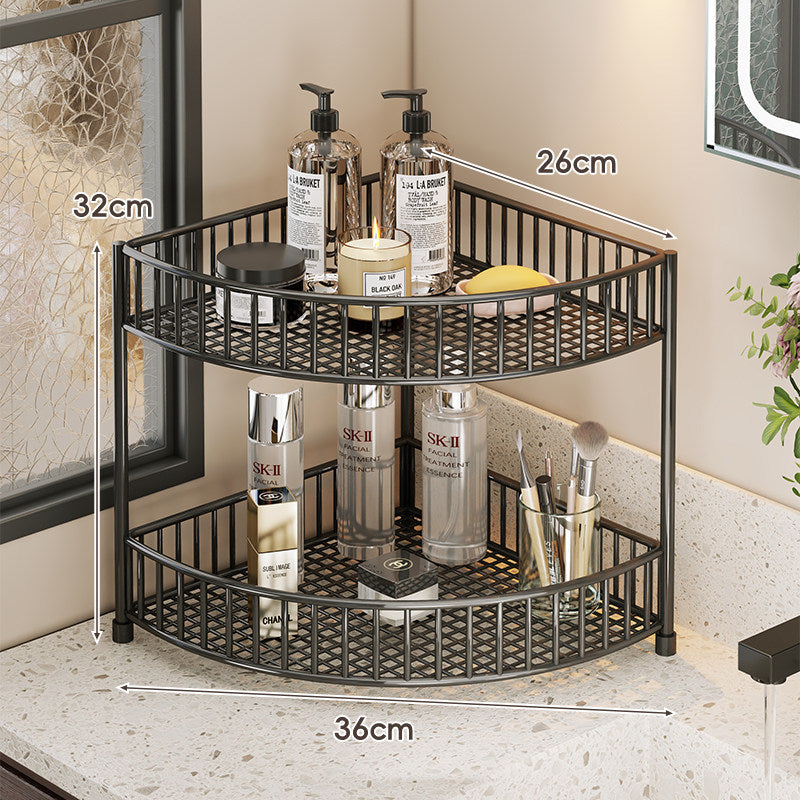 Two-Tier Corner Mesh Metal Bathroom Countertop Organizer Shelf with Raised Guard Rails