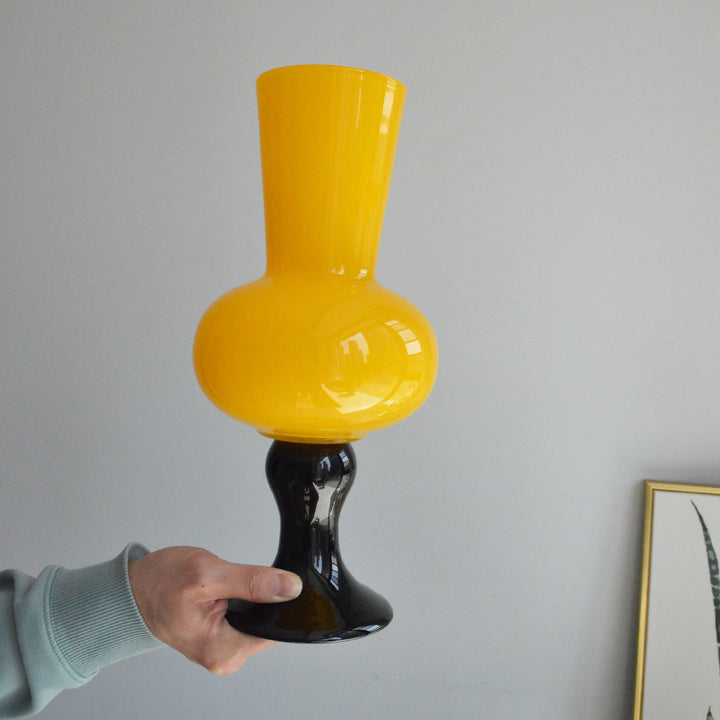 Contemporary Hand-Blown Bulbous Pedestal Glass Vase with Elongated Trumpet Neck