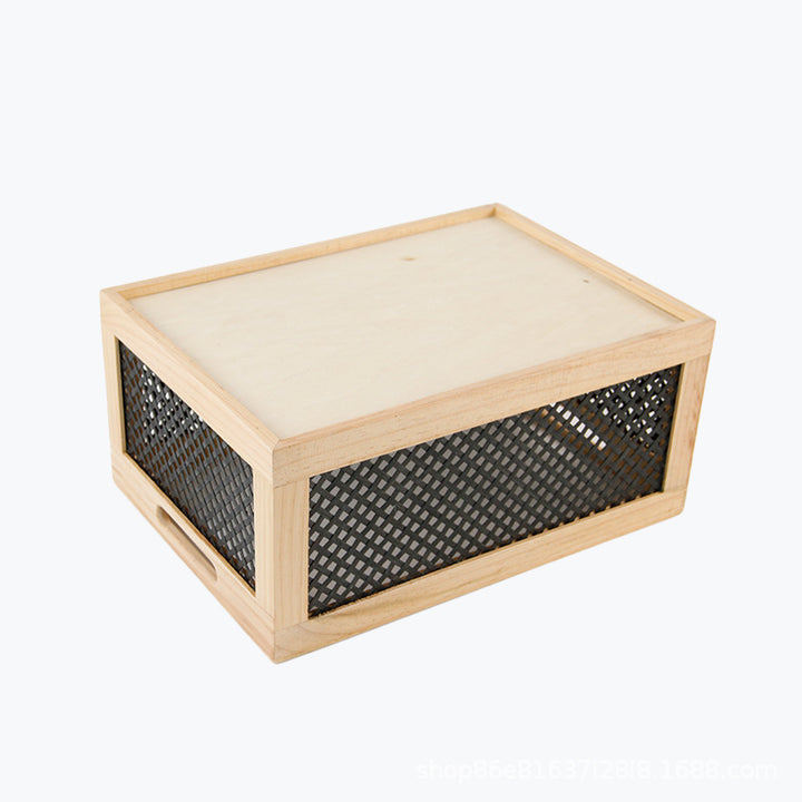 Wood storage box with decorative mesh elements