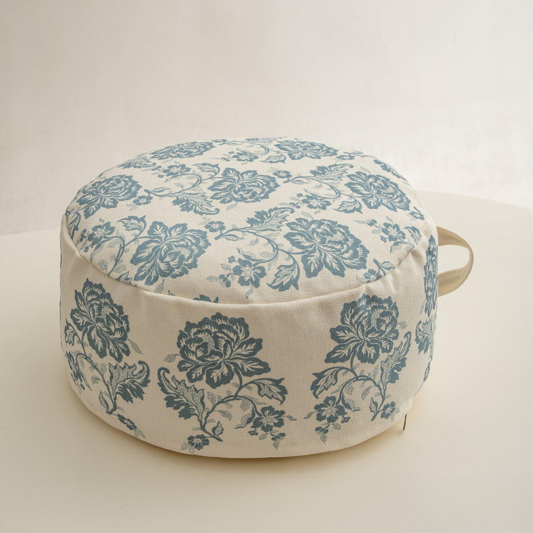 Seating pouf - meditation cushion with floral jacquard cover and carrying handle