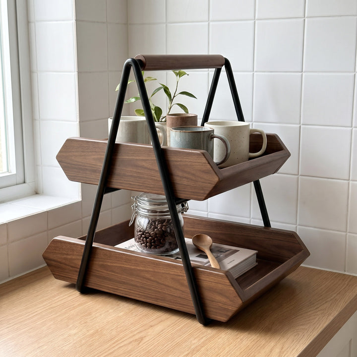 Two-Tier Wooden Fruit and Produce Stand with A-Frame Metal Handle