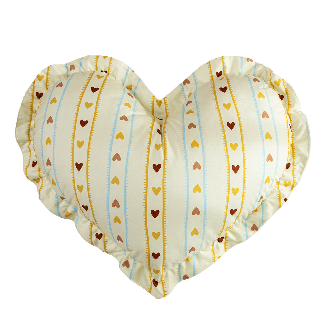 Heart-shaped decorative pillow with ruffled edge and heart pattern