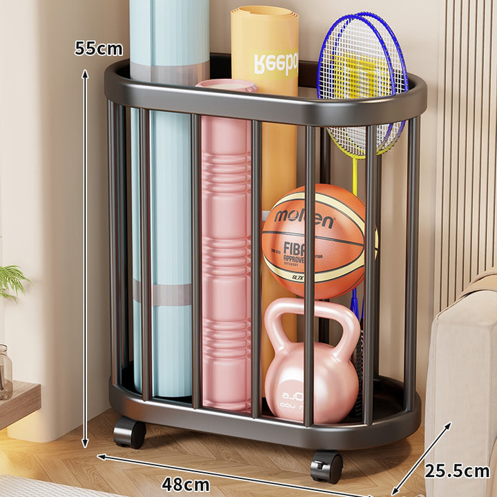 Vertical Rolling Sports Gear Storage Organizer with Cylindrical Metal Bar Frame and Casters