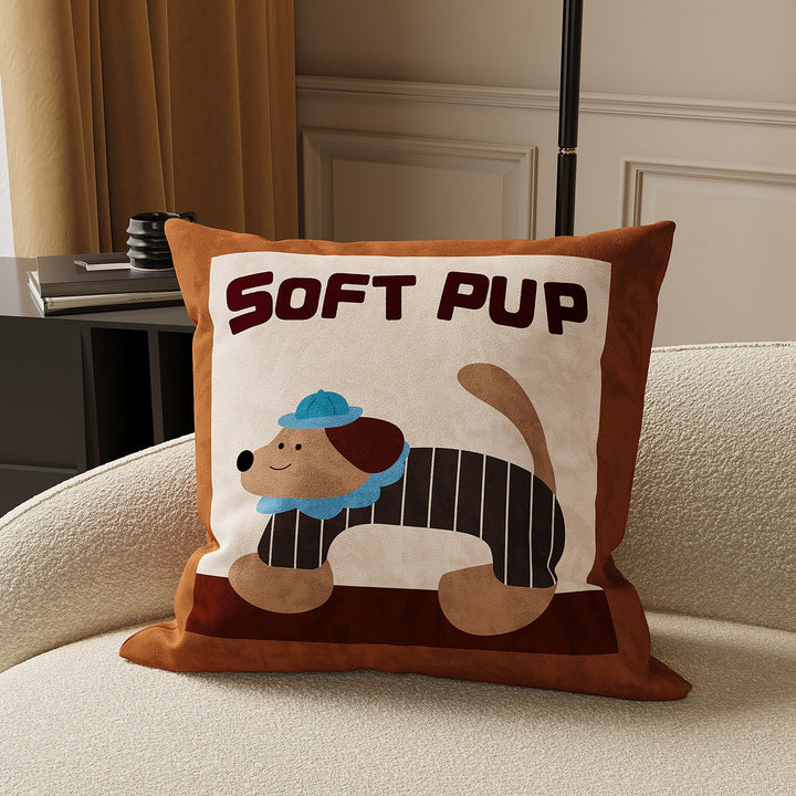 Decorative Striped Cotton-Linen Throw Pillow Cover with Playful Black Cat Motif