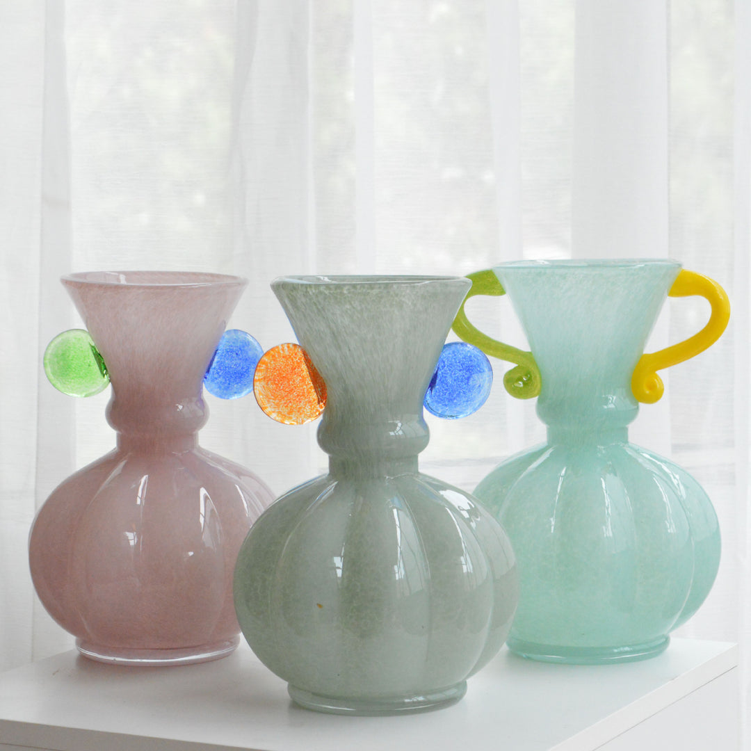Decorative Handblown Glass Vase with Sculptural Pumpkin Body and Flared Neck