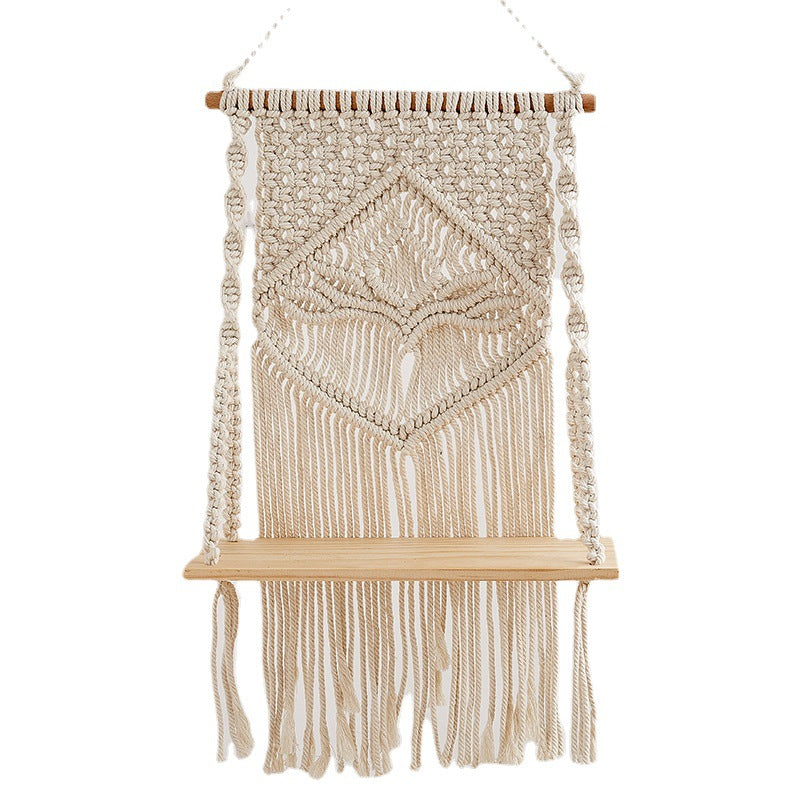 Macramé Hanging Shelf with Natural Wood Base
