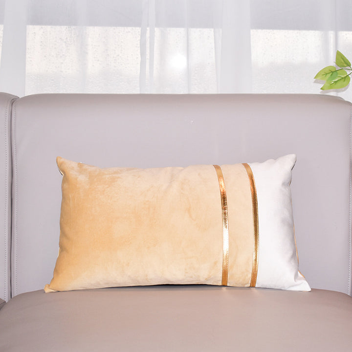 Rectangular Velvet-Blend Lumbar Cushion Cover with Dual Metallic Gold Bands