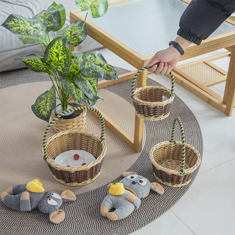 Braided storage basket with decorative cotton handles