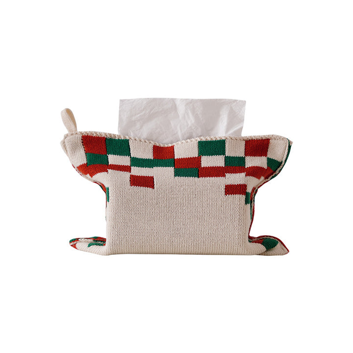 Knitted tissue box cover with geometric jacquard pattern and zipper