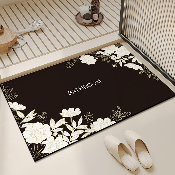 Absorbent Anti-Slip Bathroom Door Mat with Floral Corner Print and Quick-Dry Microfiber Surface