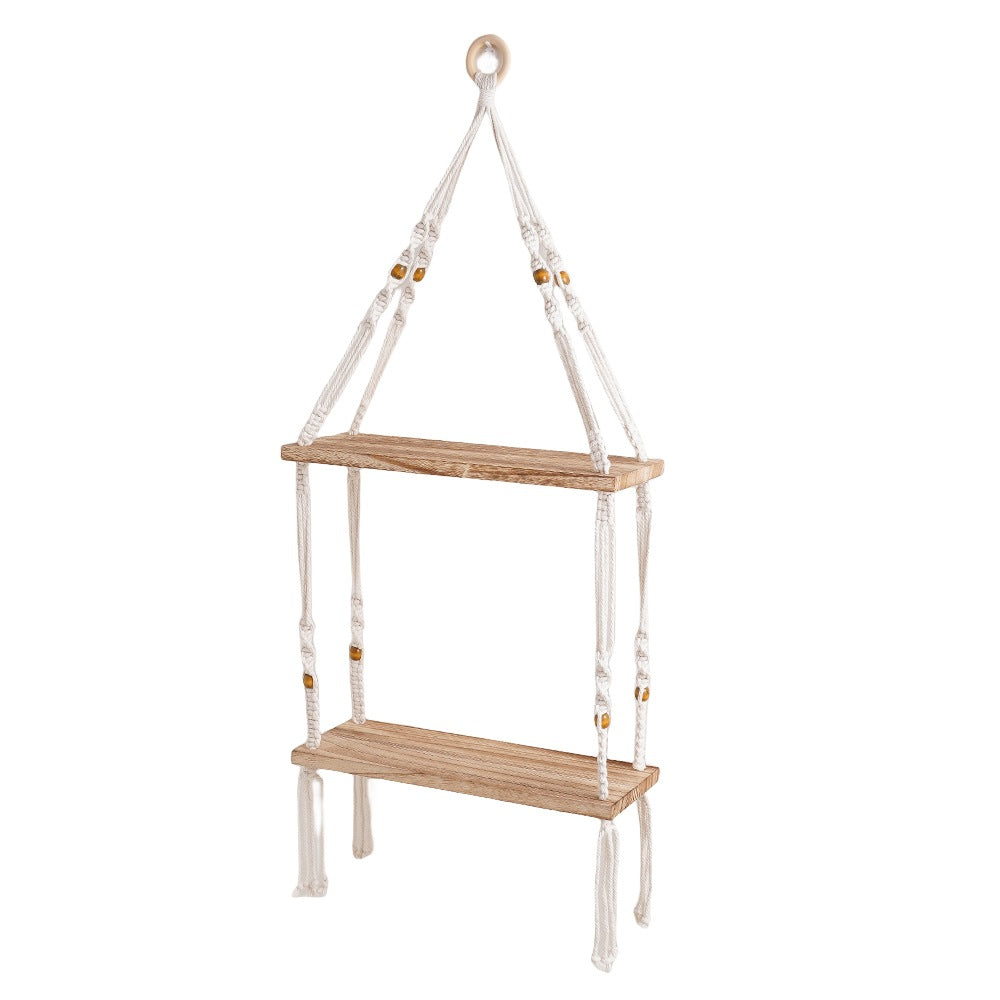 Macramé Floating Storage Shelf with Natural Wood Accents