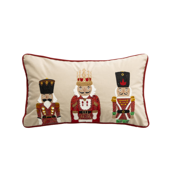 Christmas decorative pillow with nutcracker embroidery and piping edge