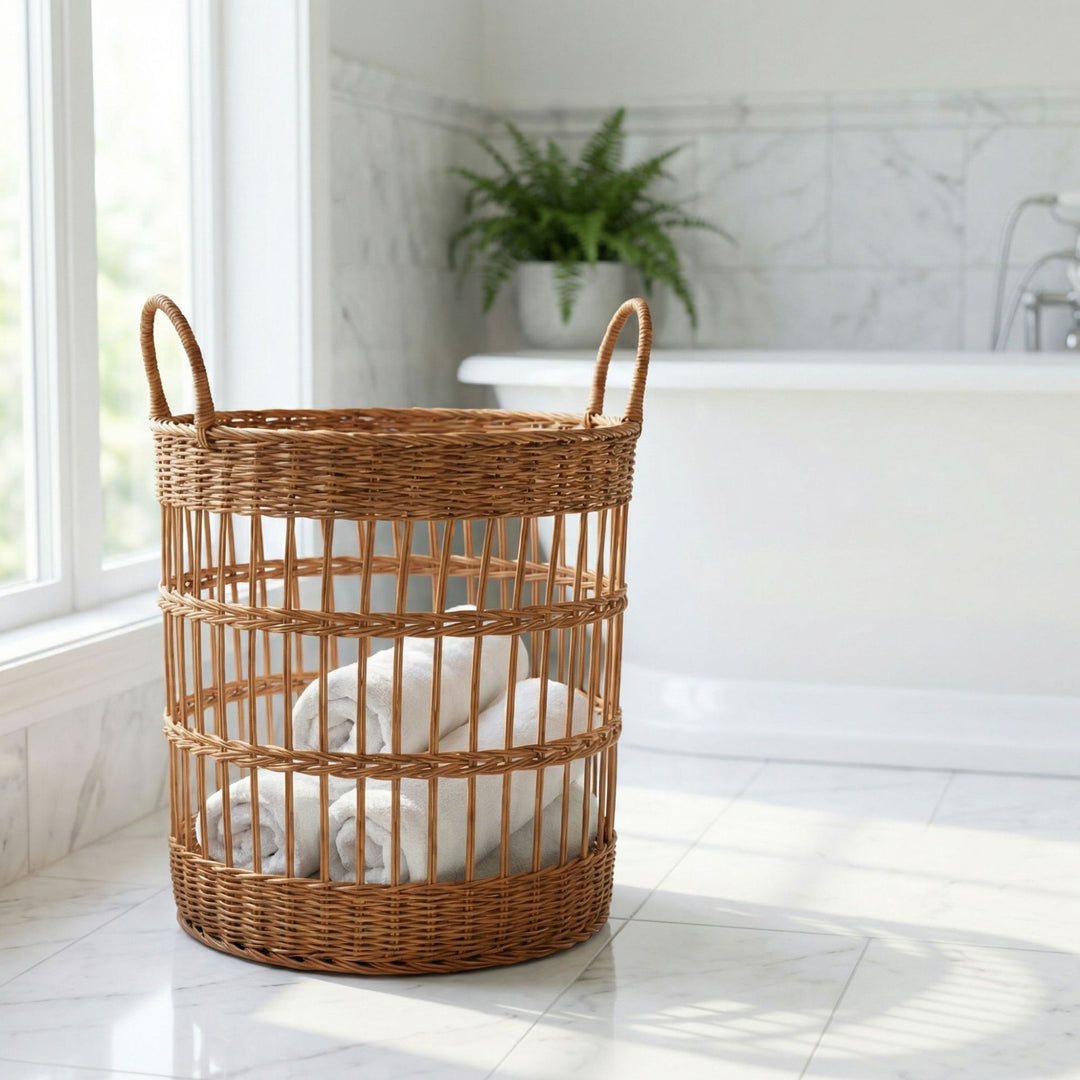 Handcrafted laundry basket made from natural rattan